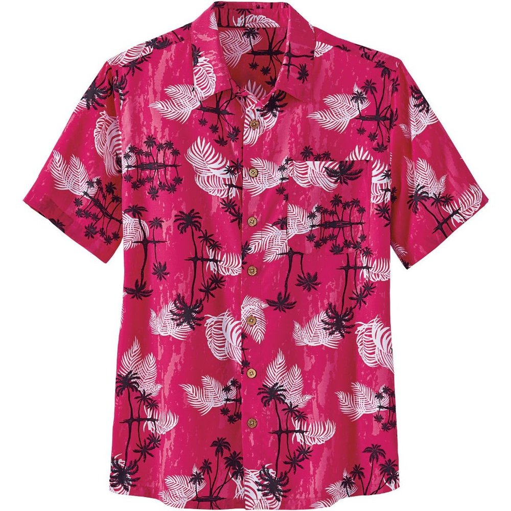 NEW Choose Sz Mens Casual Wear Button Up Berry Pink Hawaiian Print Shirt